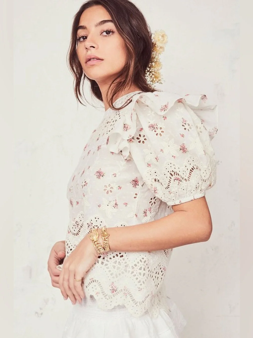 LoveShackFancy Tilda Top in French Cream/Pink Floral, Size Small
